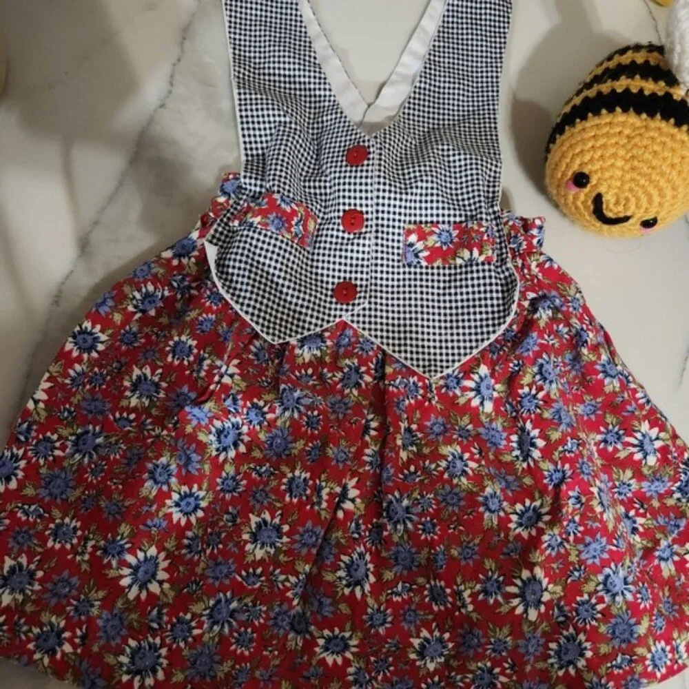 Vintage 90s‎ Jilly Kids Pinafore Dress Red Floral Gingham Mary Kate Ashley style
